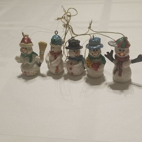 5 Tiny Mini Christmas Tree Little Snowman Ornaments 2" - Picture 2 of 3